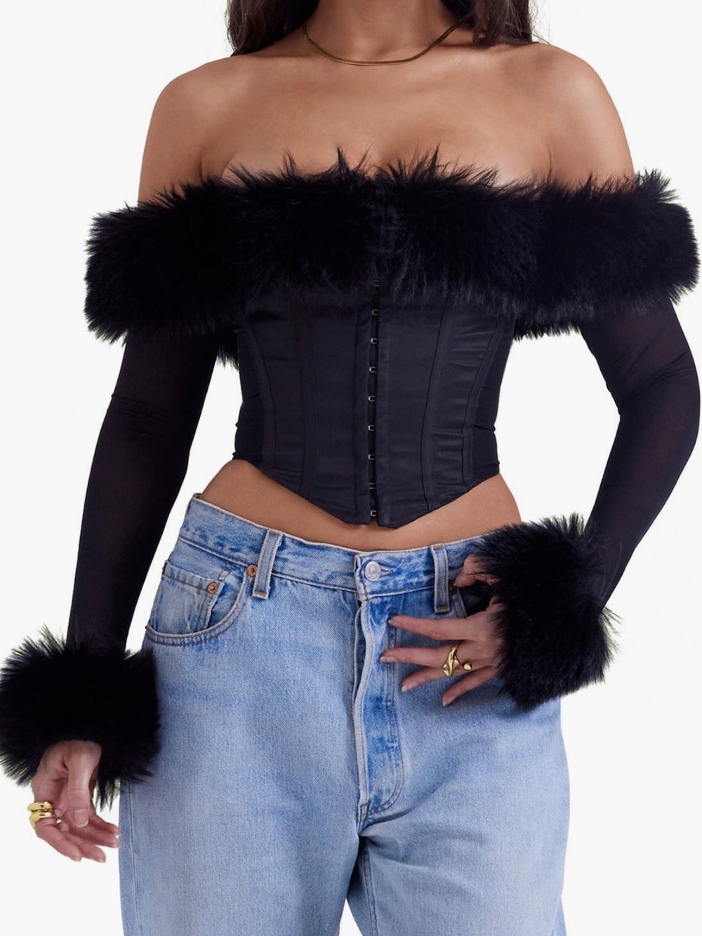 HOUSE OF CB Merle Faux Fur Off the Shoulder Crop Corset